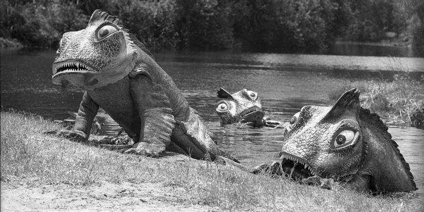 giant reptiles crawling out of a lake in the outer limits