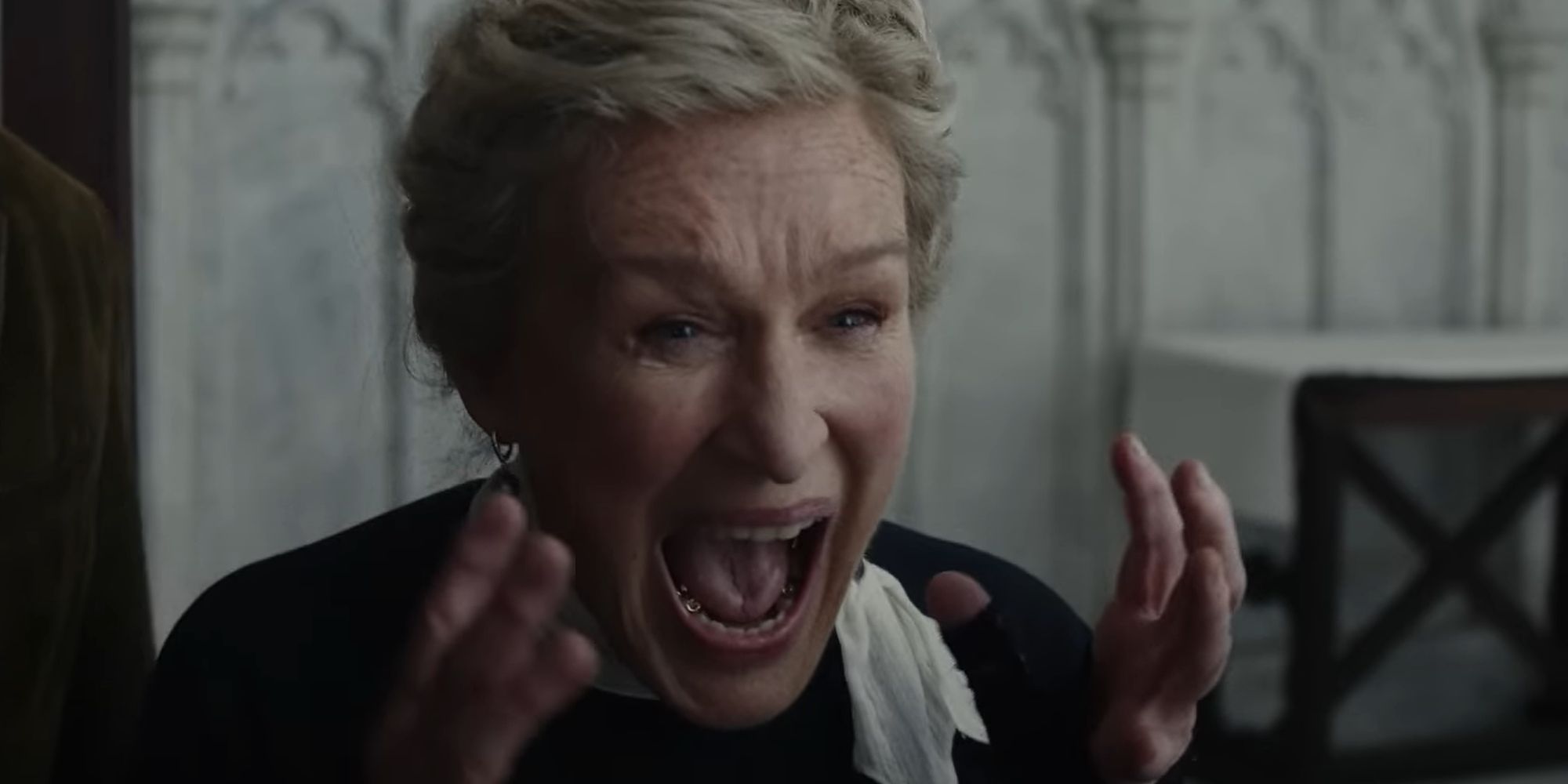 Glenn Close screams as Martha Delacroix in Wake Up Dead Man