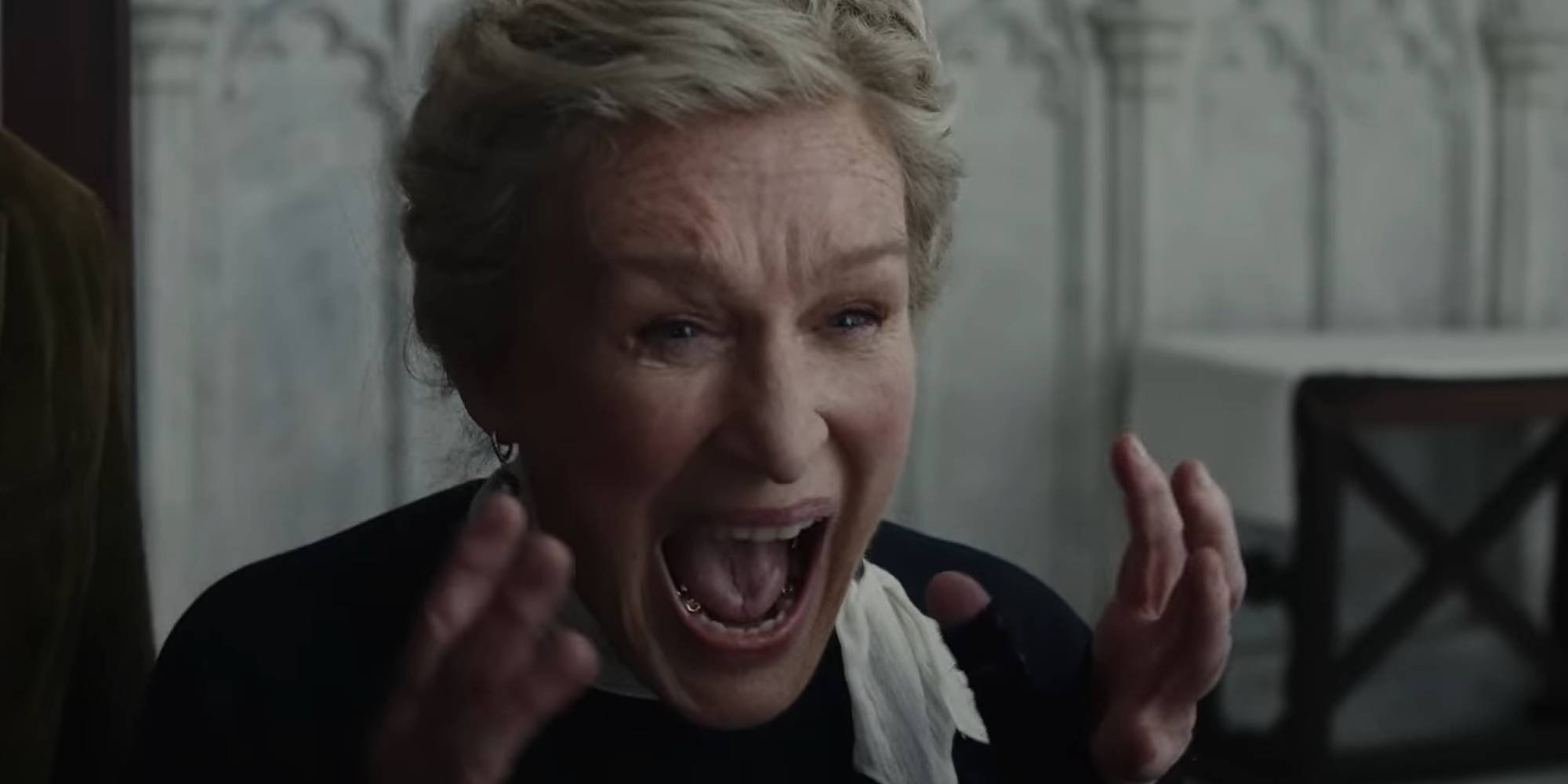 Glenn Close screams as Martha Delacroix in Wake Up Dead Man