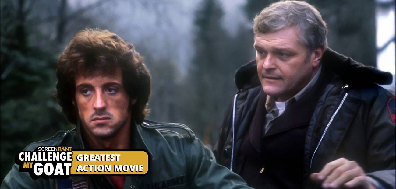 John Rambo (Sylvester Stallone) gets a talking to from Sheriff Will Teasle (Brain Dennehy) in First Blood.