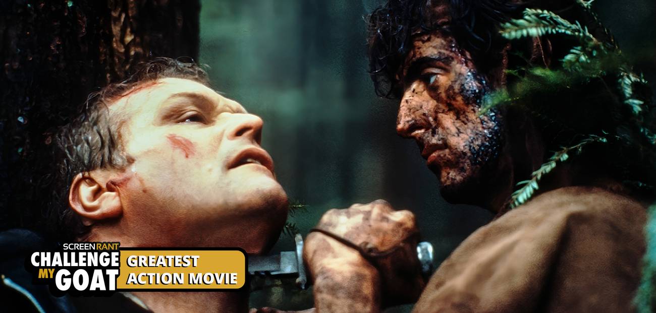 John Rambo holds a knife to Sheriff Teasle's throat in First Blood.