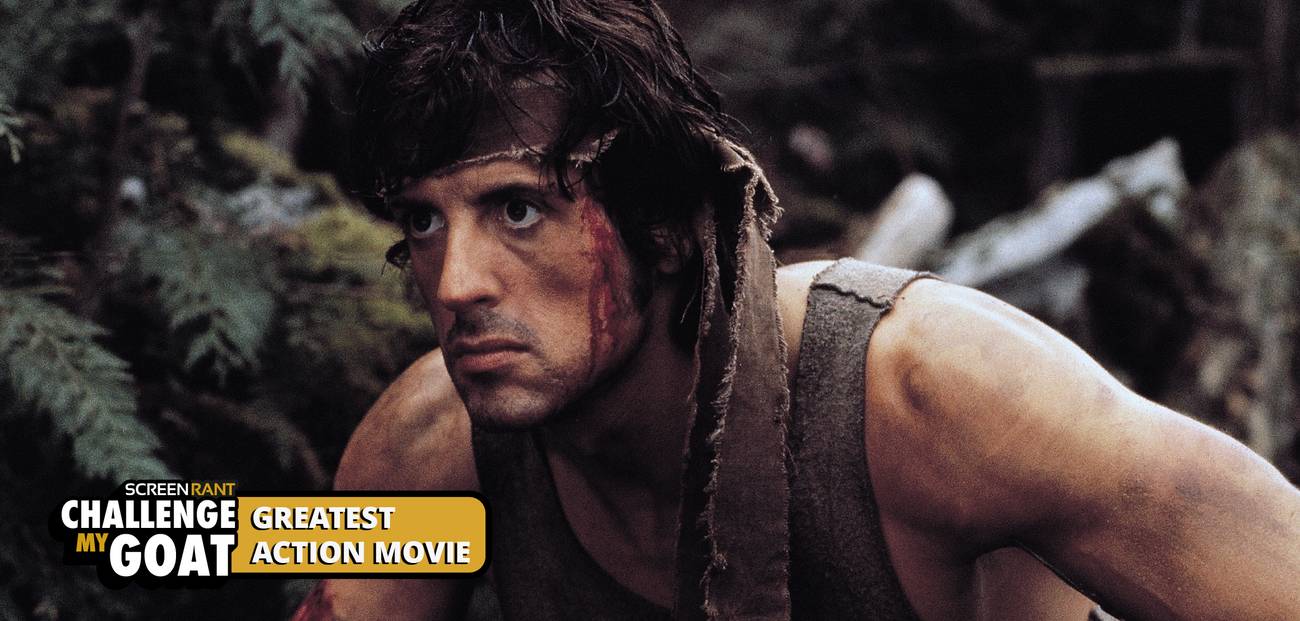John Rambo, with dried blood on his face, stalks through the woods in First Blood.