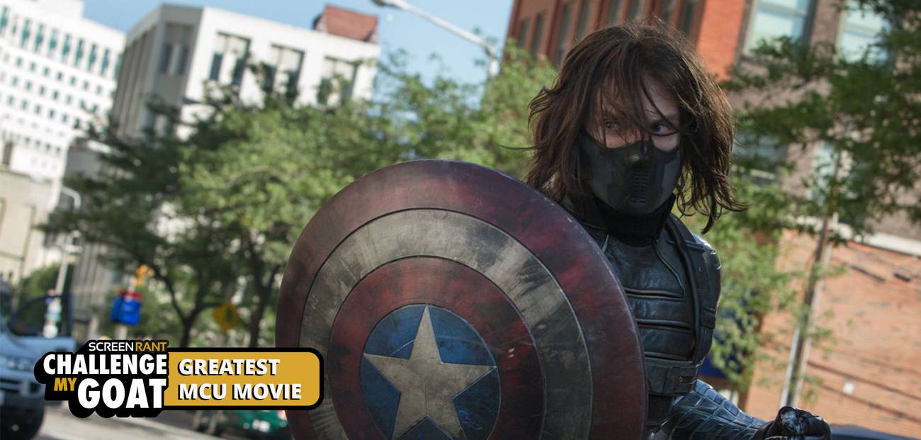 Sebastian Stan As Bucky Barnes Holding Captain America Shield With Challenge My GOAT Overlay