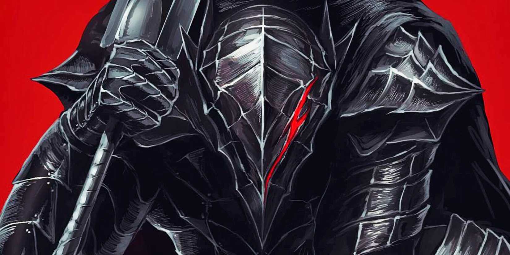 Guts in his Berserker armor against an all-red background.