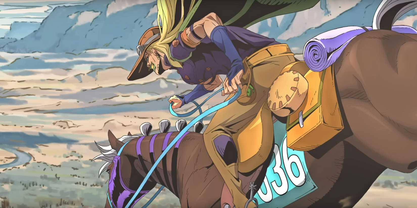 Gyro Zeppeli sur un cheval dans une image promotionnelle pour Jojo's Bizarre Adventure Part 7.