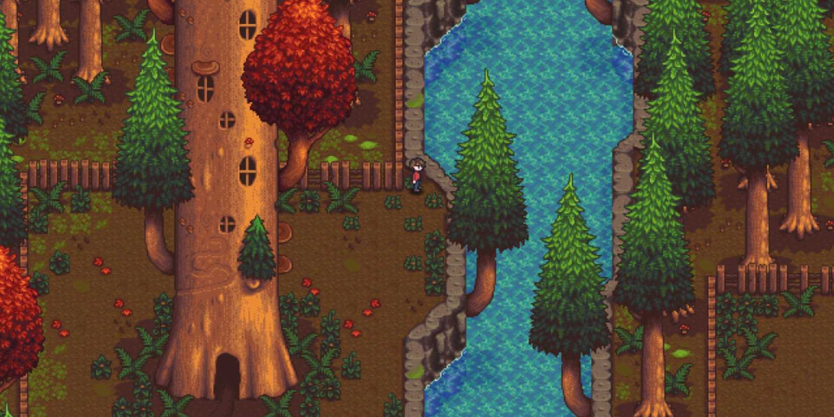 Haunted Chocolatier image with a character standing next to a river with a tree tower structure behind him