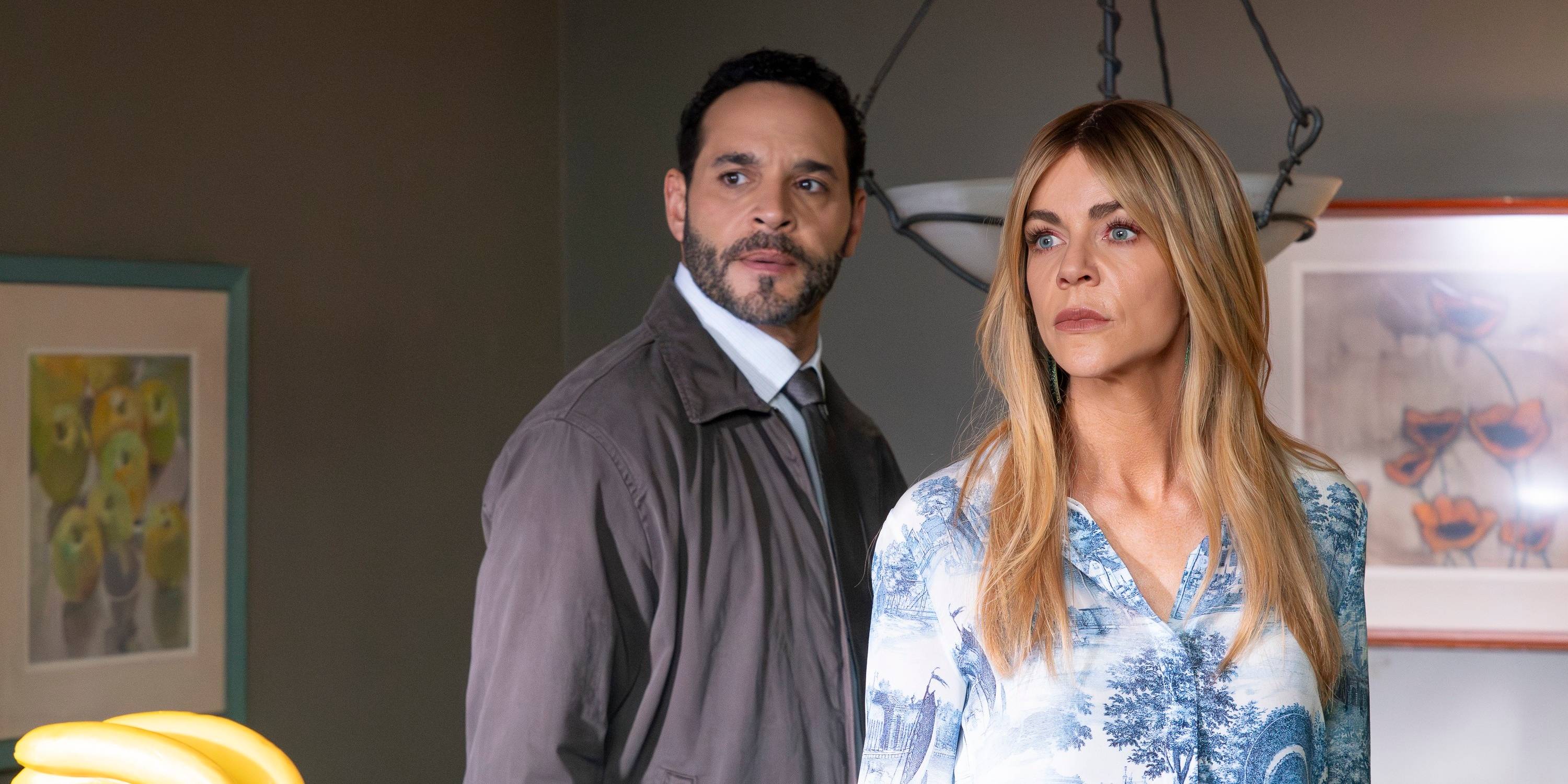 Daniel Sunjata as Adam Karadec and Kaitlin Olson as Morgan Gillory in the High Potential season 2 premiere