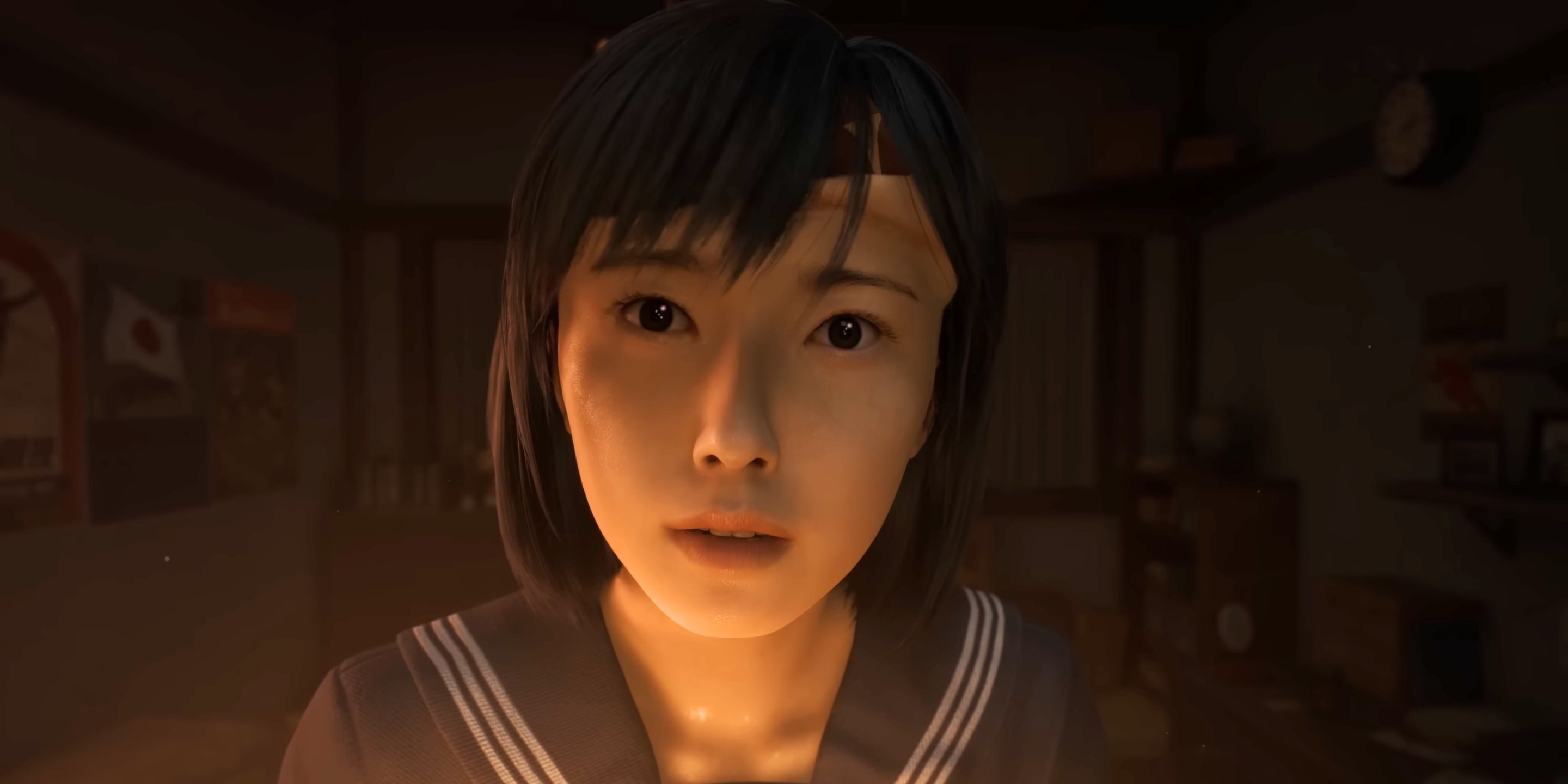 Hinako in Silent Hill f, looking towards the viewer with a worried expression and a bandage on her head.