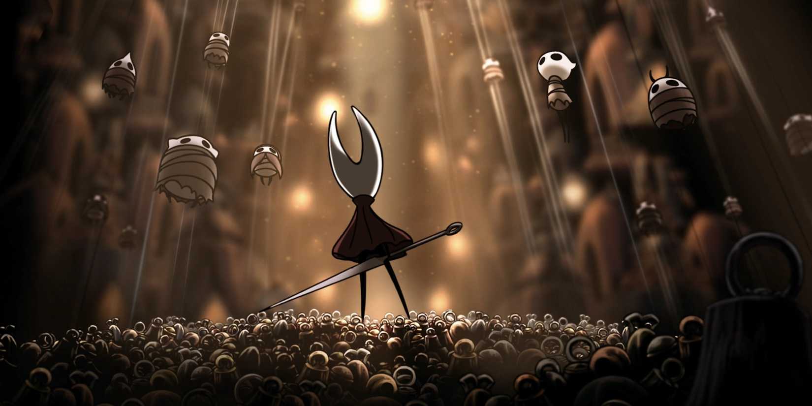 Hornet standing in Bellhart among webbed town members in Hollow Knight: Silksong