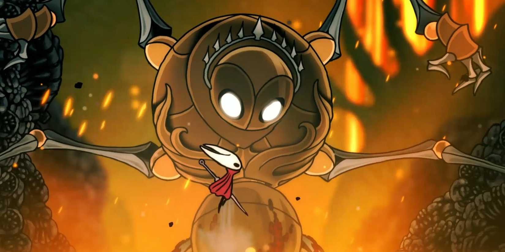 Hornet jumping in front of the Fourth Chorus boss in Hollow Knight: Silksong.