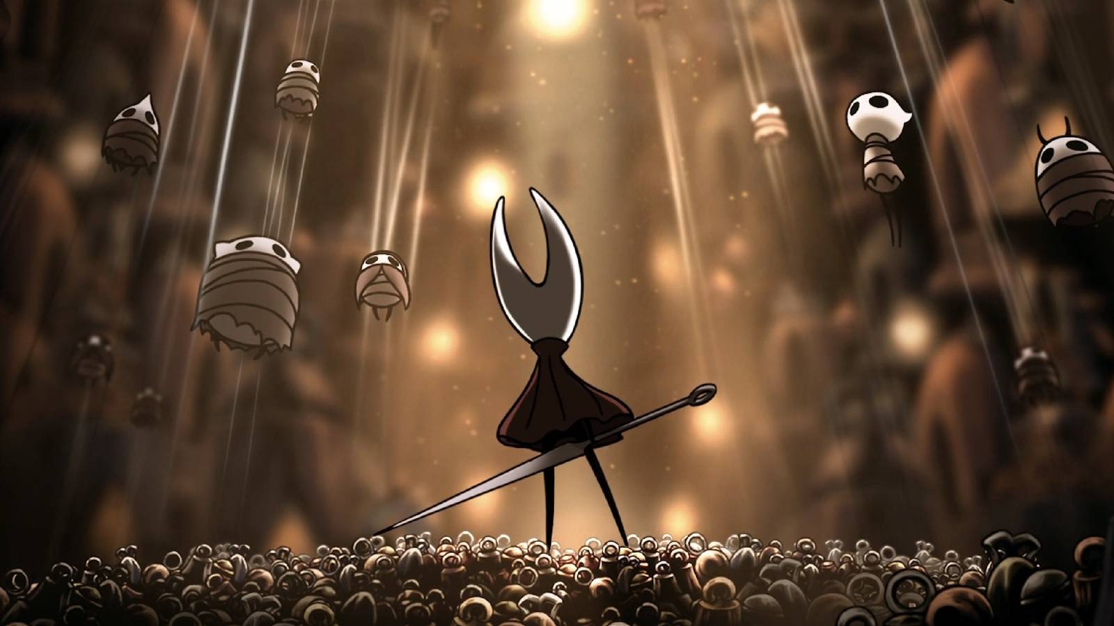 Hollow Knight Silksong protagonist hornet seen from behind looking at bugs strung up with silk