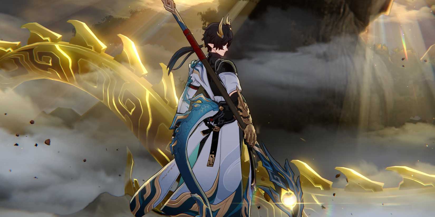 Dan Heng Permansor Terrae holds his spear, as Souldragon encircles him in Honkai Star Rail.