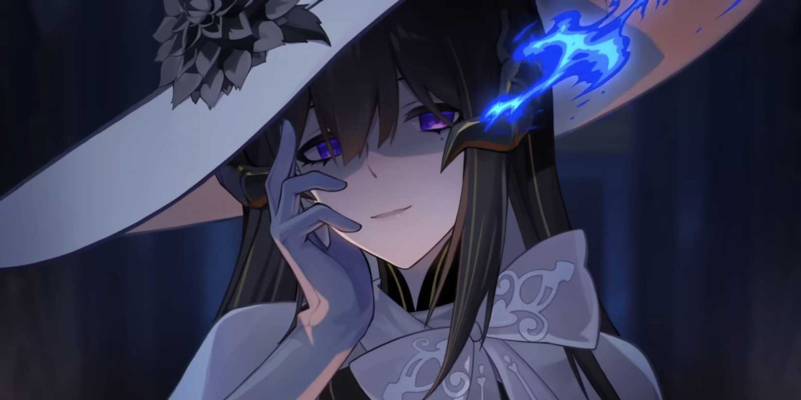 A close-up on Constance's face in Honkai Star Rail, where blue flames emerge from her left eye as she smiles.