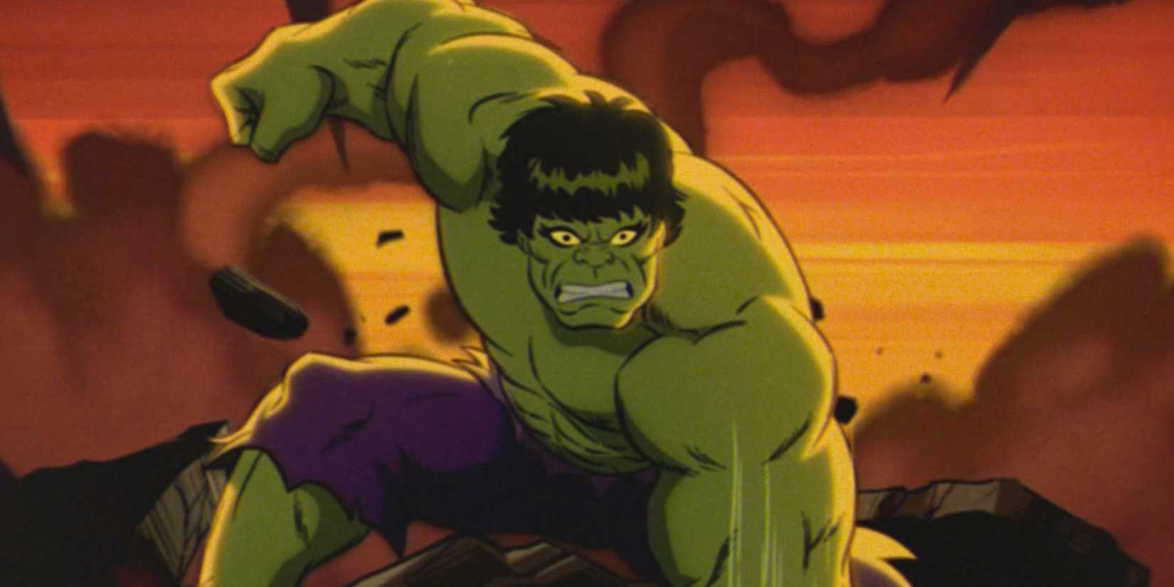 Hulk smashing in the cartoon opening in What if the Hulk fought the Mech Avengers
