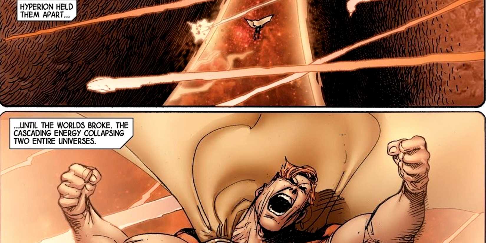 Hyperion holds two universes apart during an incursion in Avengers #4 2013