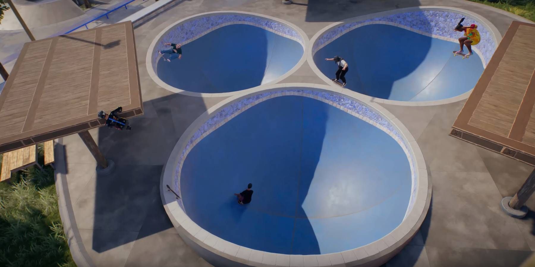 Skate 4 multiple players in skating park practicing different tricks together