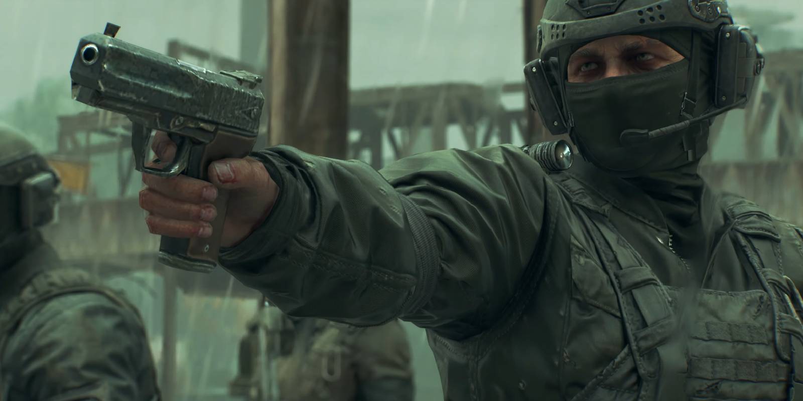 Dying Light The Beast: personagem principal apontando uma arma para um zumbi ou personagem principal