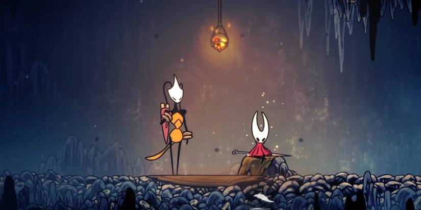 Hollow Knight Silksong Hornet repousando no banco perto de Shakra NPC na área de Mount Fay.