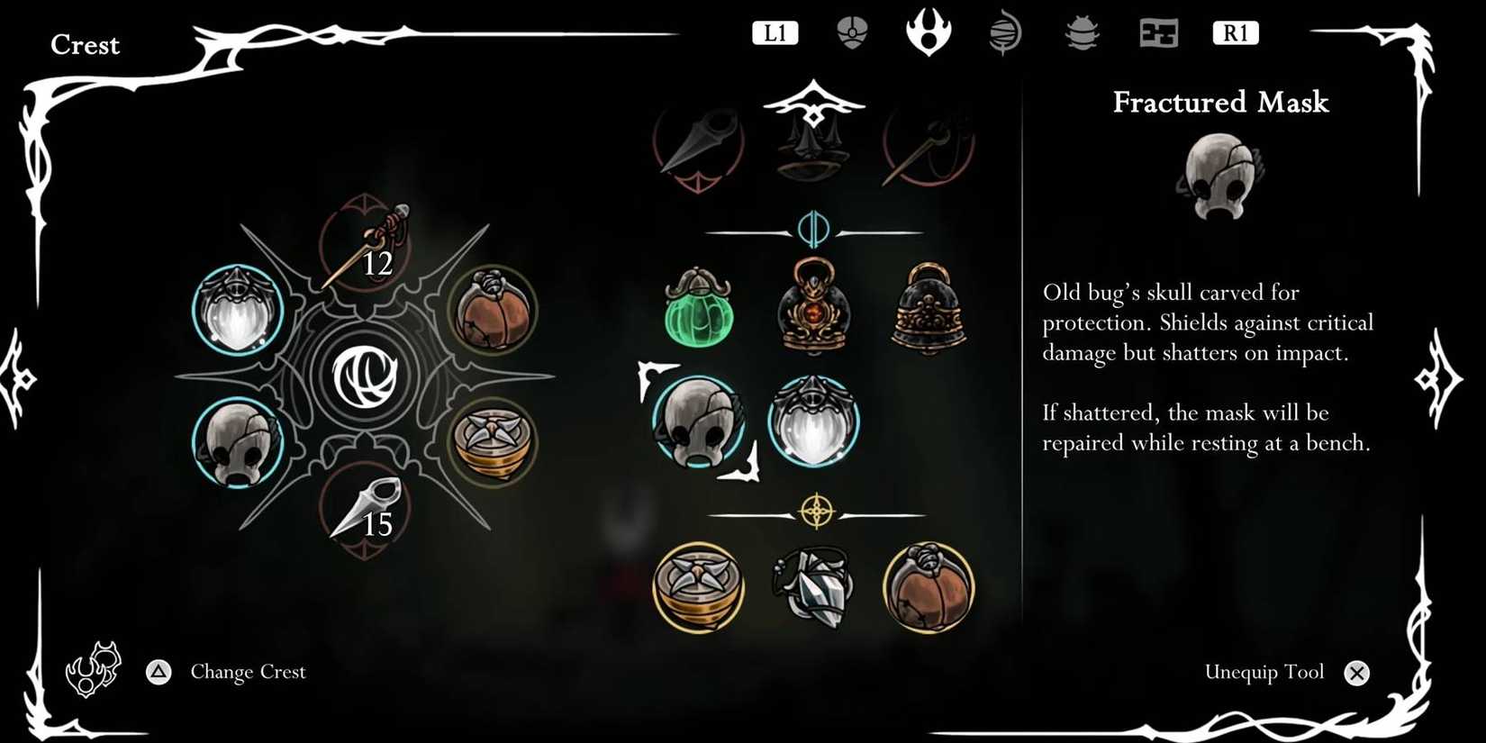 Hollow Knight Silksong Fractured Mask tool being equipped for an extra life