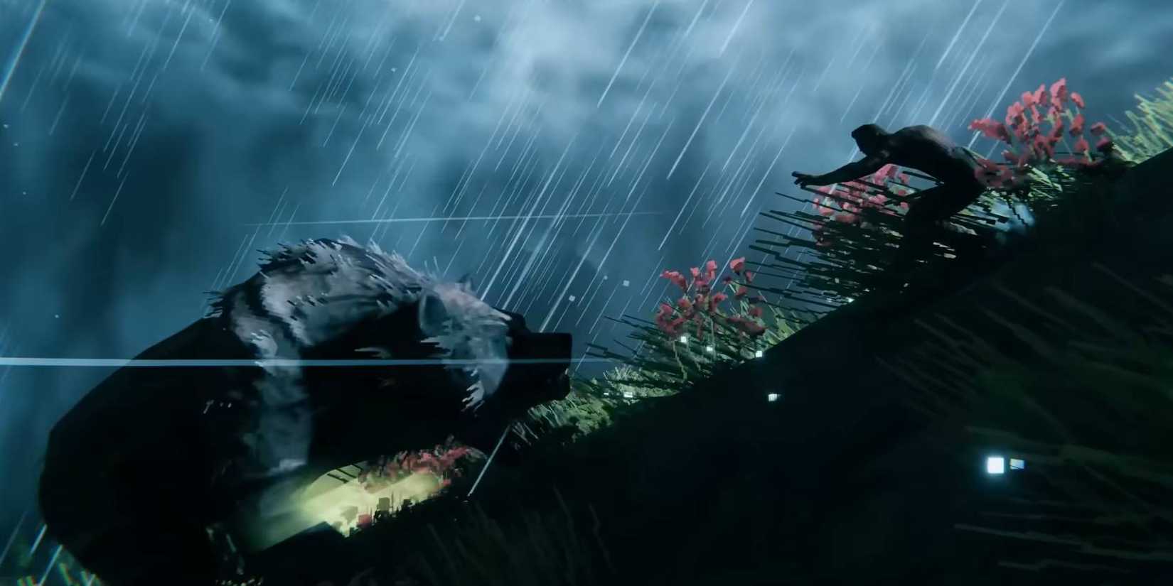 Valheim player character facing down a bear in the rain in Call To Arms update trailer