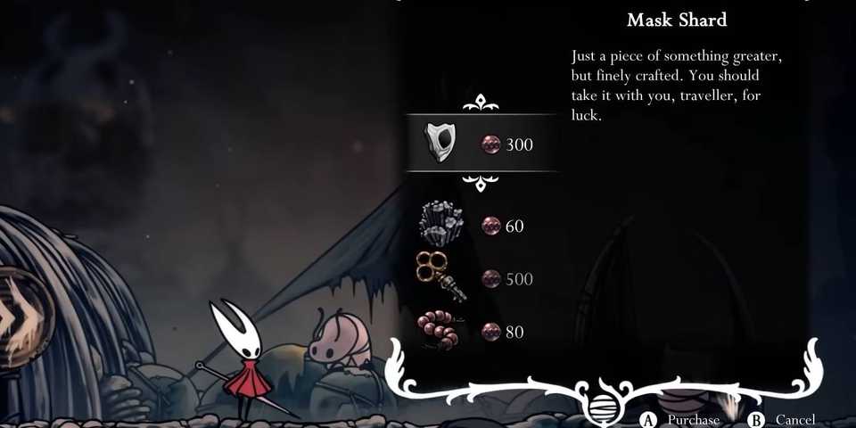 Hollow Knight Silksong buying a Mask Shard from vendor Pebb