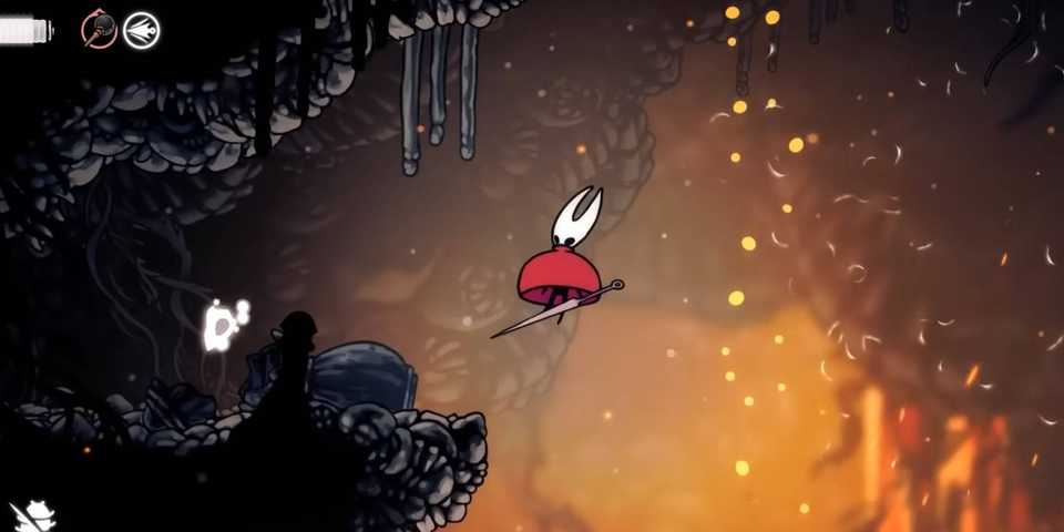 Hollow Knight Silksong Hornet using float ability to reach Mask Shard