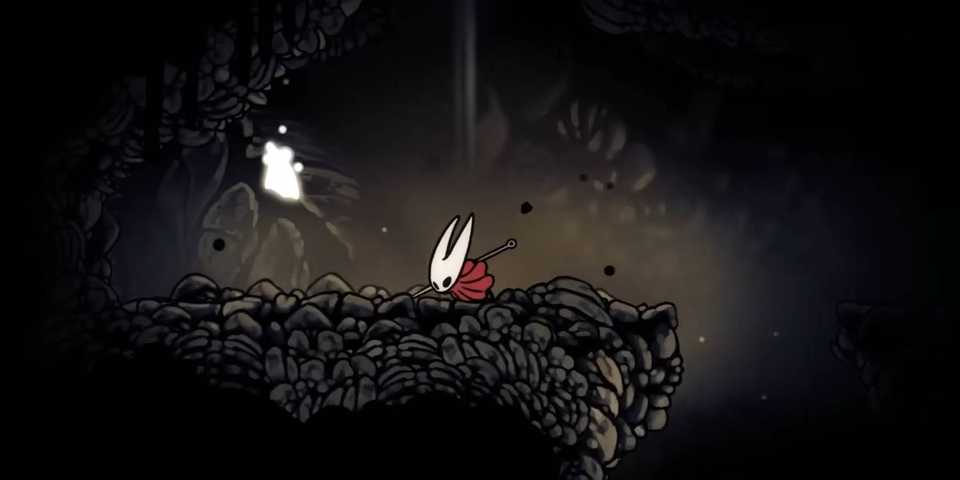 Hollow Knight Silksong Hornet finding a Mask Shard in the Blasted Steps