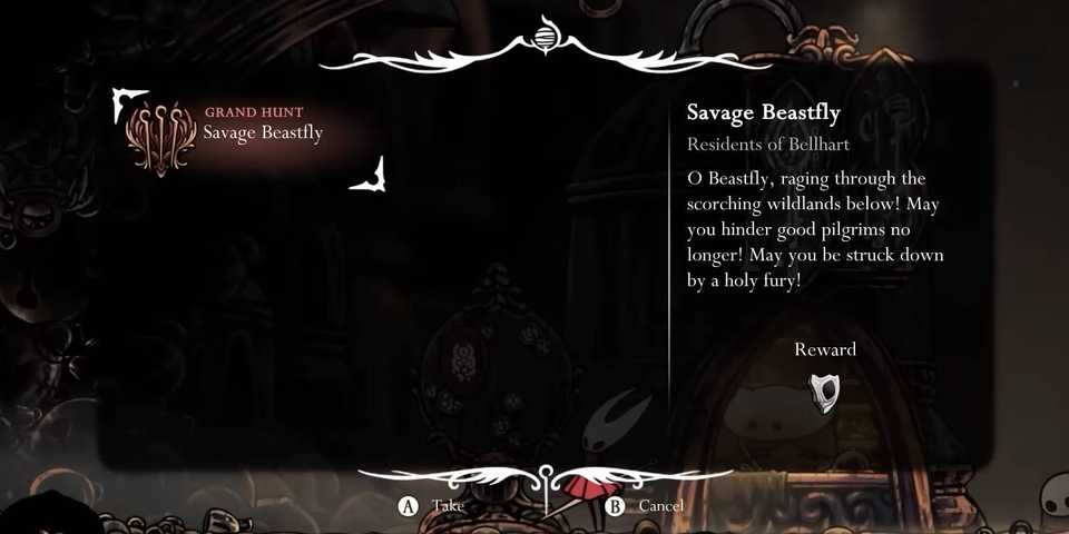 Hollow Knight Silksong Savage Beastfly Grand Hunt quest with Mask Shard offered as a reward