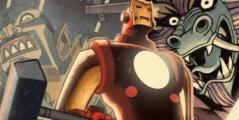 Iron Man holding a hammer with the Mandarin and a dragon behind him.