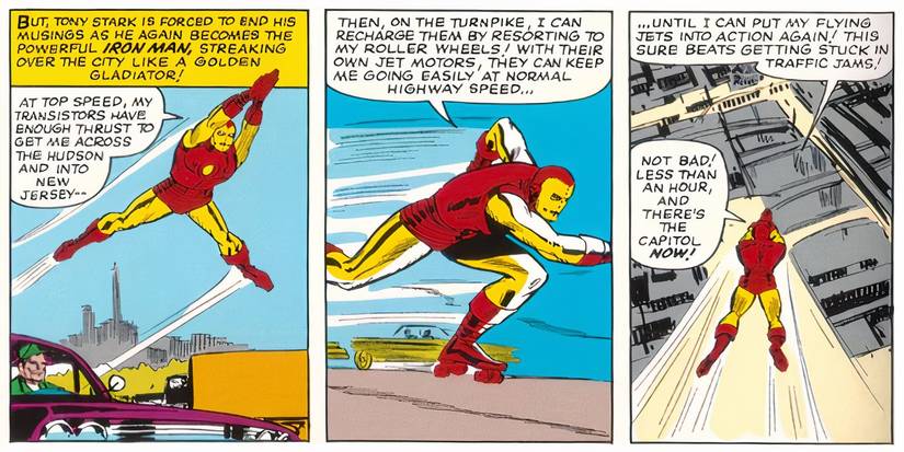 Iron Man using roller skates instead of flying.