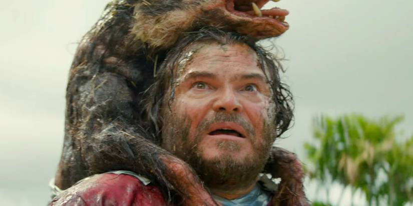 Jack Black com um javali na cabeça em Anaconda 2025