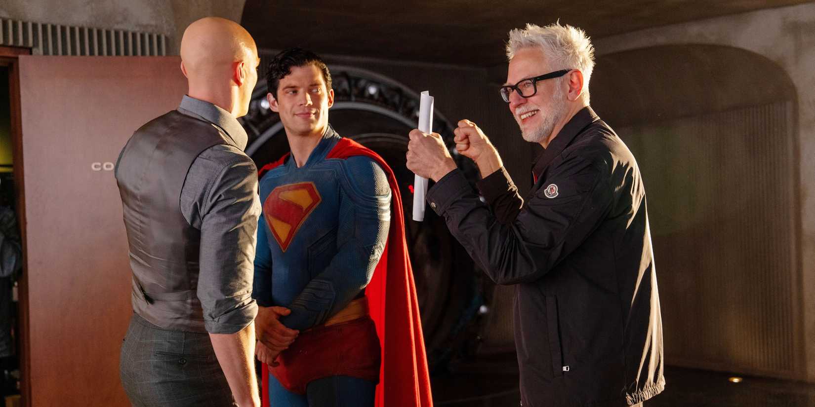 James Gunn directing David Corenswet and Nicholas Hoult in Superman