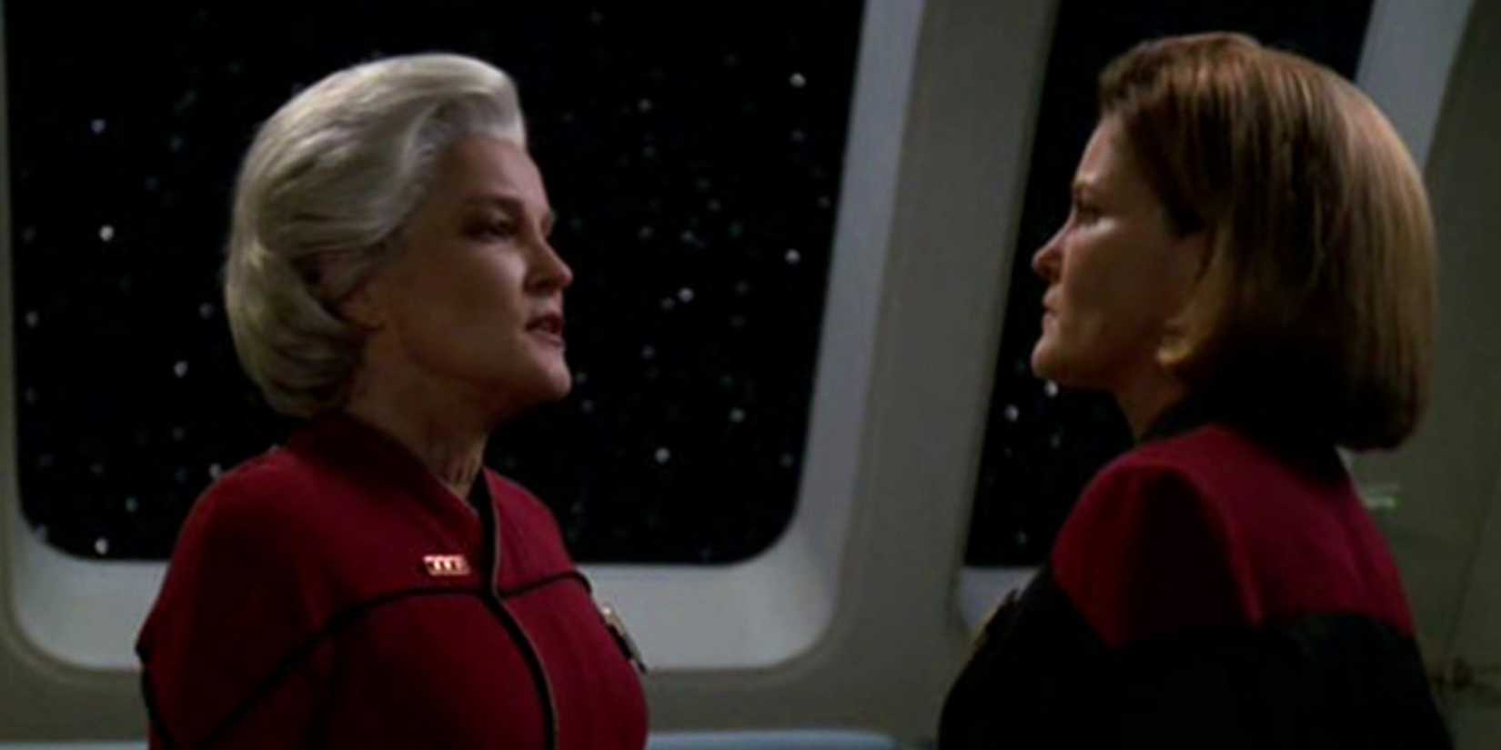 Janeway meeting her older self in the Star Trek Voyager episode Endgame