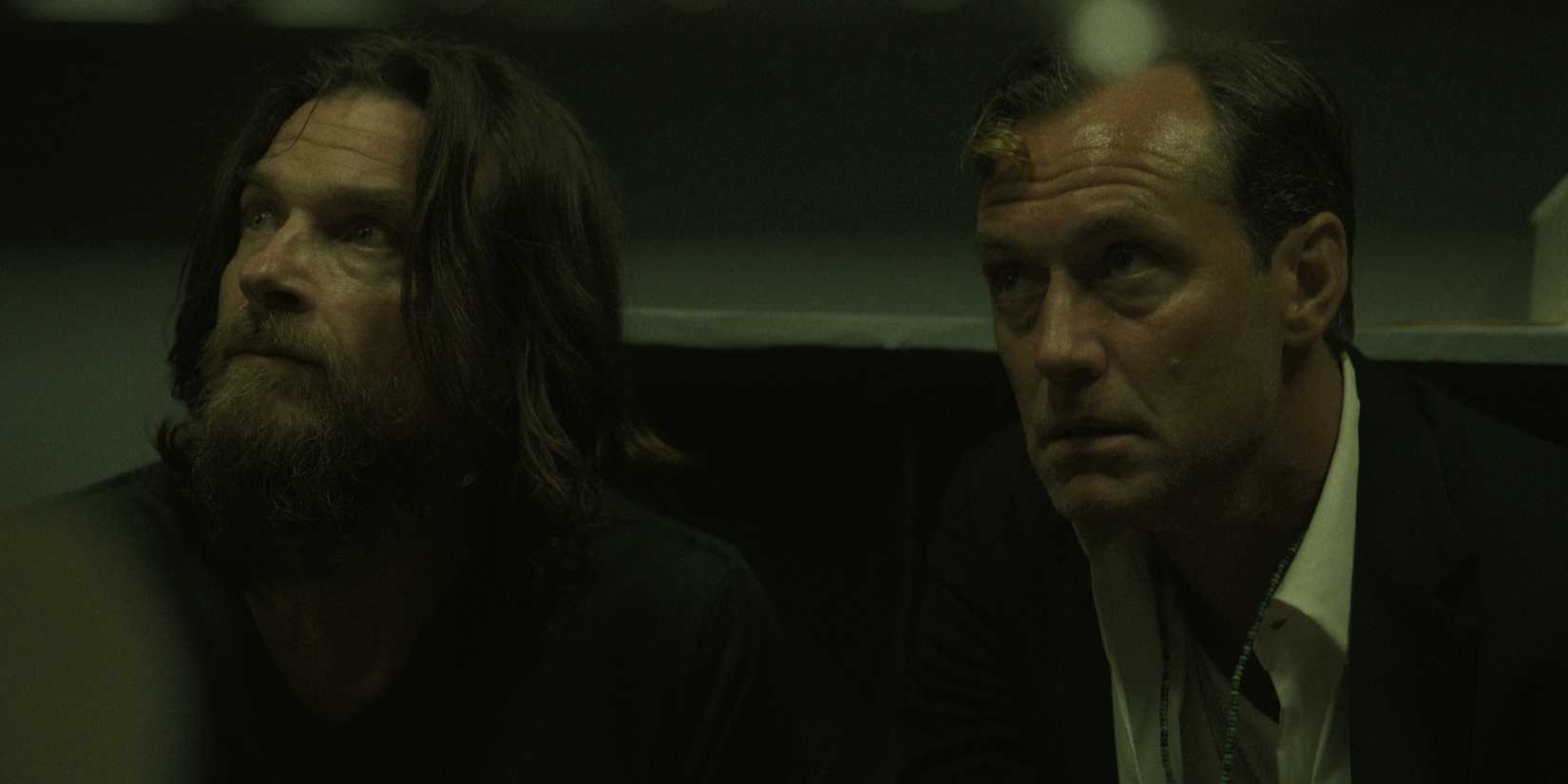 Jason Bateman and Jude Law looking up in Black Rabbit