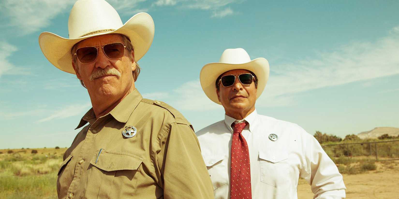 Jeff Bridges and Gil Birmingham look forward dramatically in a scene from Hell or High Water