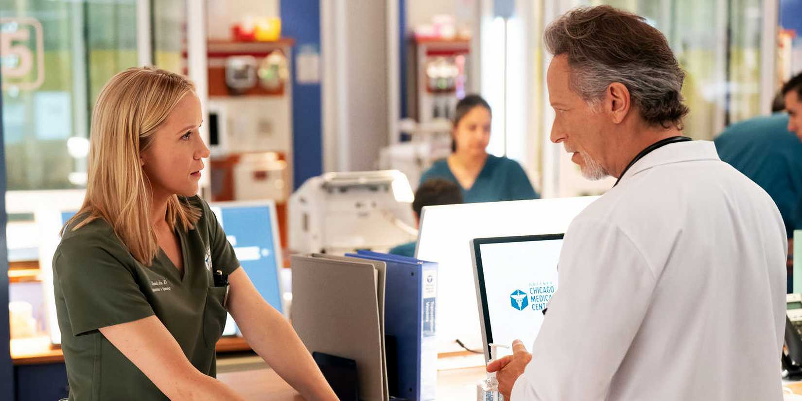 Jessy Schram as Hannah Asher and Steven Weber as Dean Archer in Chicago Med season 11 premiere