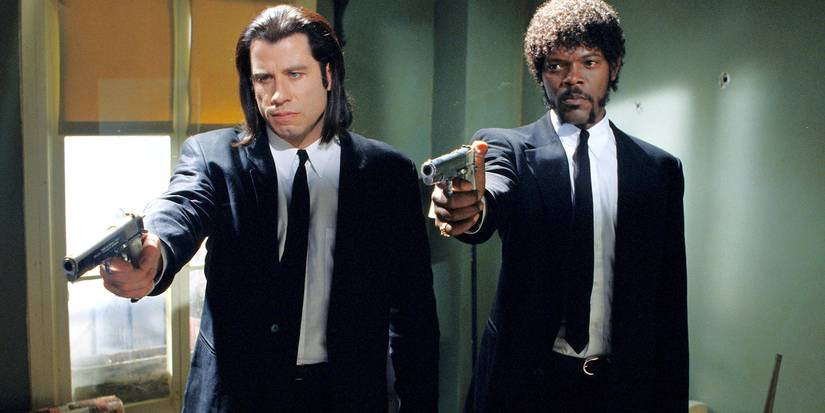 John Travolta and Samuel L Jackson pointing guns in Pulp Fiction