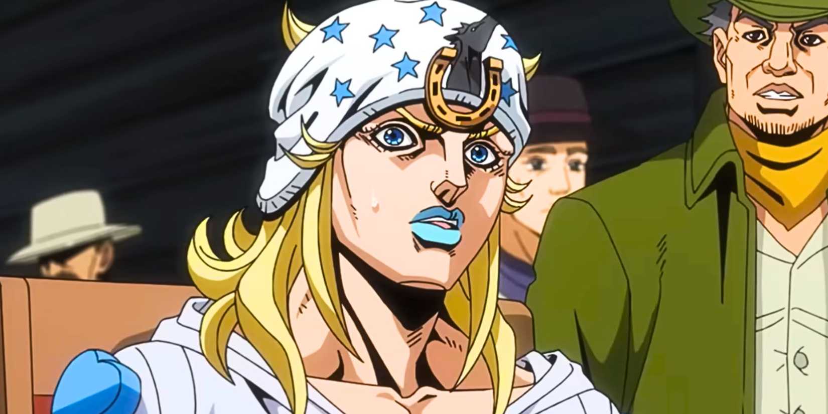 Johnny Joestar looking concerned in the Steel Ball Run anime