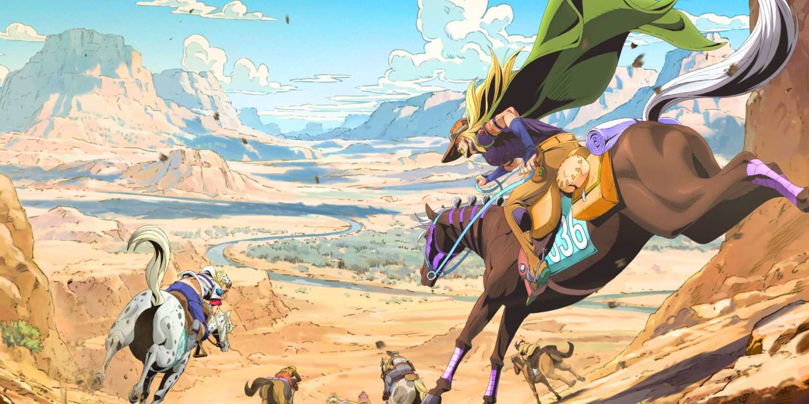 Characters from JoJo's Bizarre Adventure Steel Ball Run riding their horses in the visual