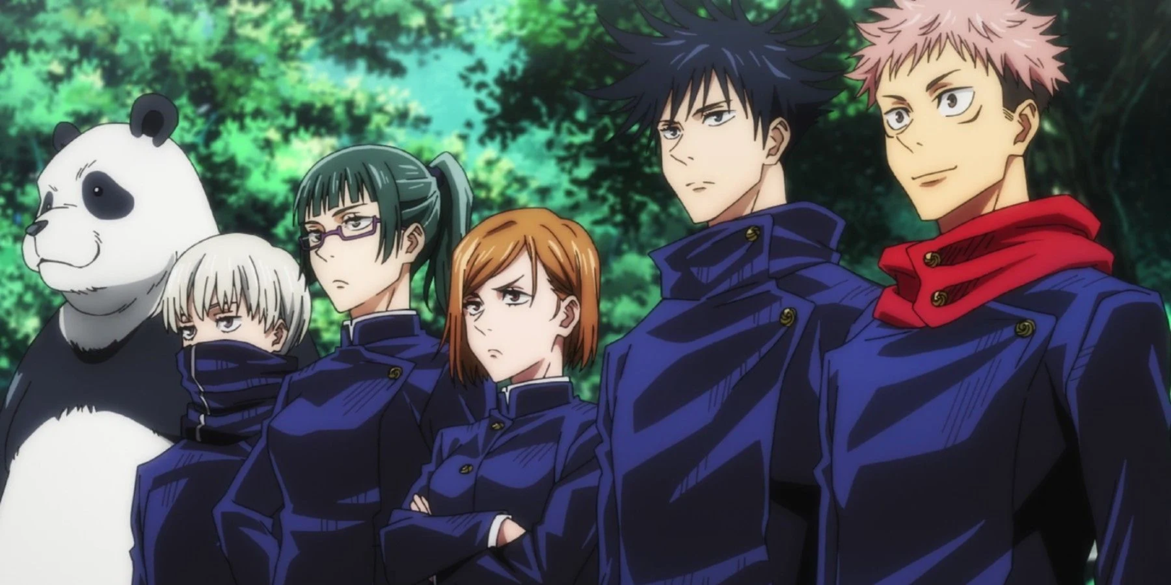 Jujutsu Kaisen characters featured image - Itadori Yuji, Megumi, Nobara, Maki, and Panda all lined up