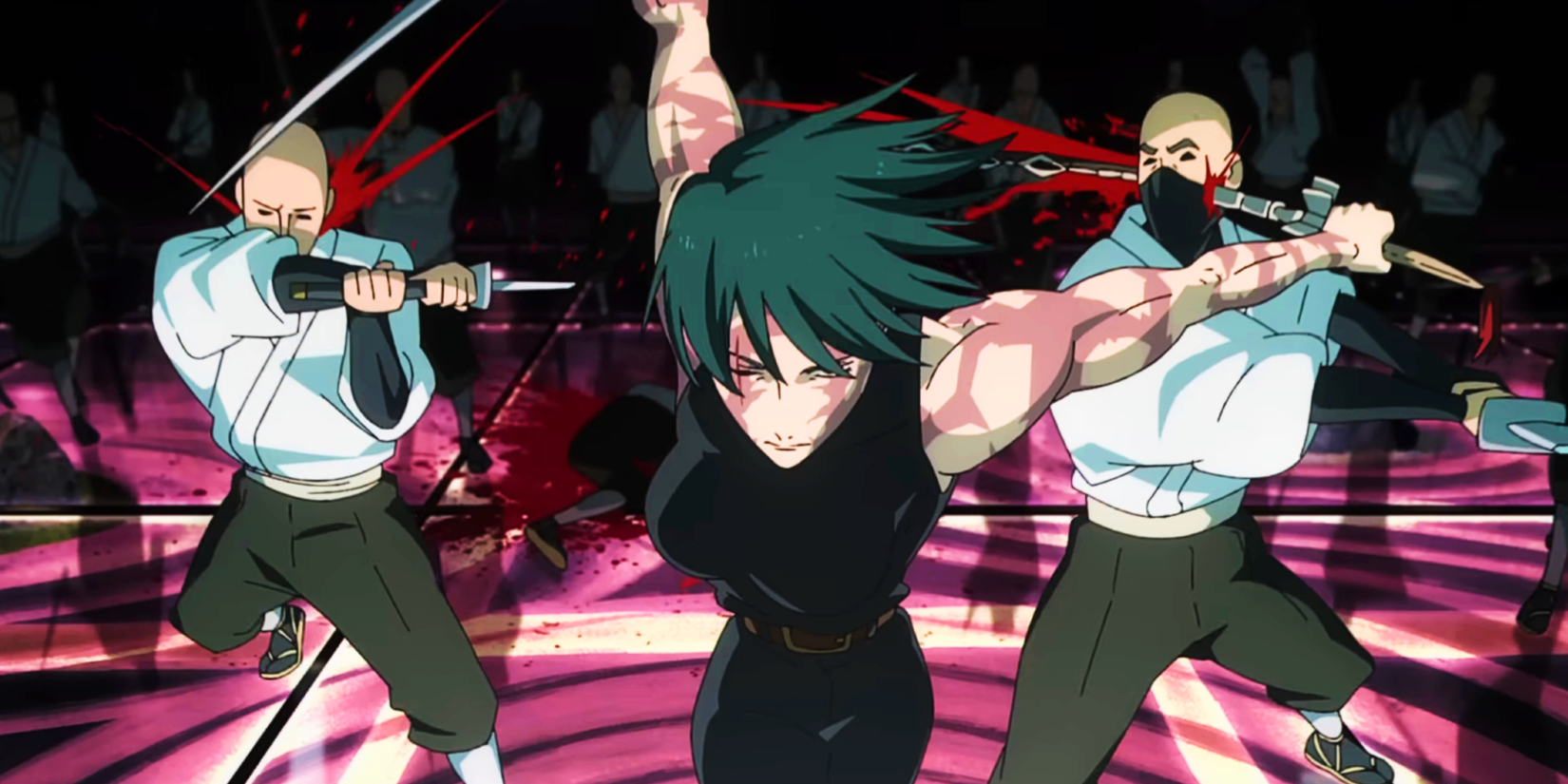 Jujutsu Kaisen Season 3 anime featured image - Maki Zenin stabbing 2 men-1