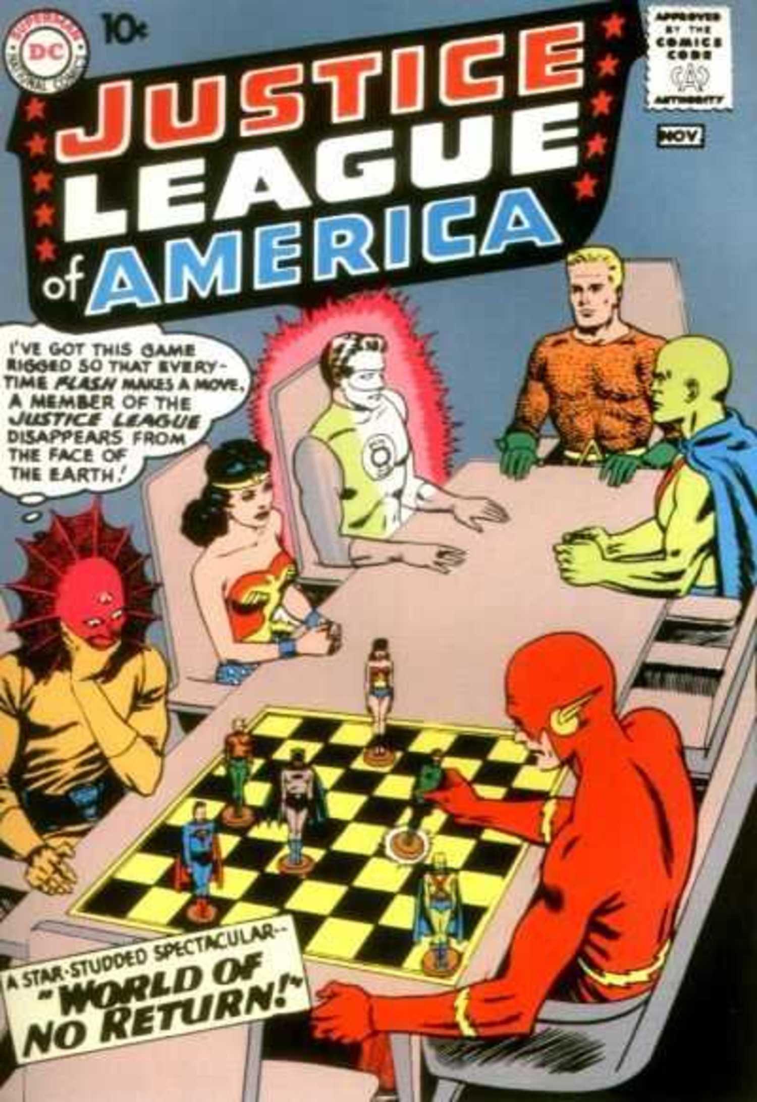 Justice League of America #1 cover, Flash, Aquaman, and others seeted at a conference table