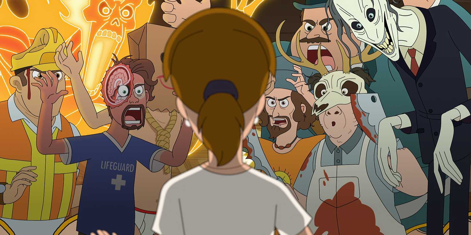 Кэтрин, сталкивающаяся с группой призраков в отеле "Призрачный"