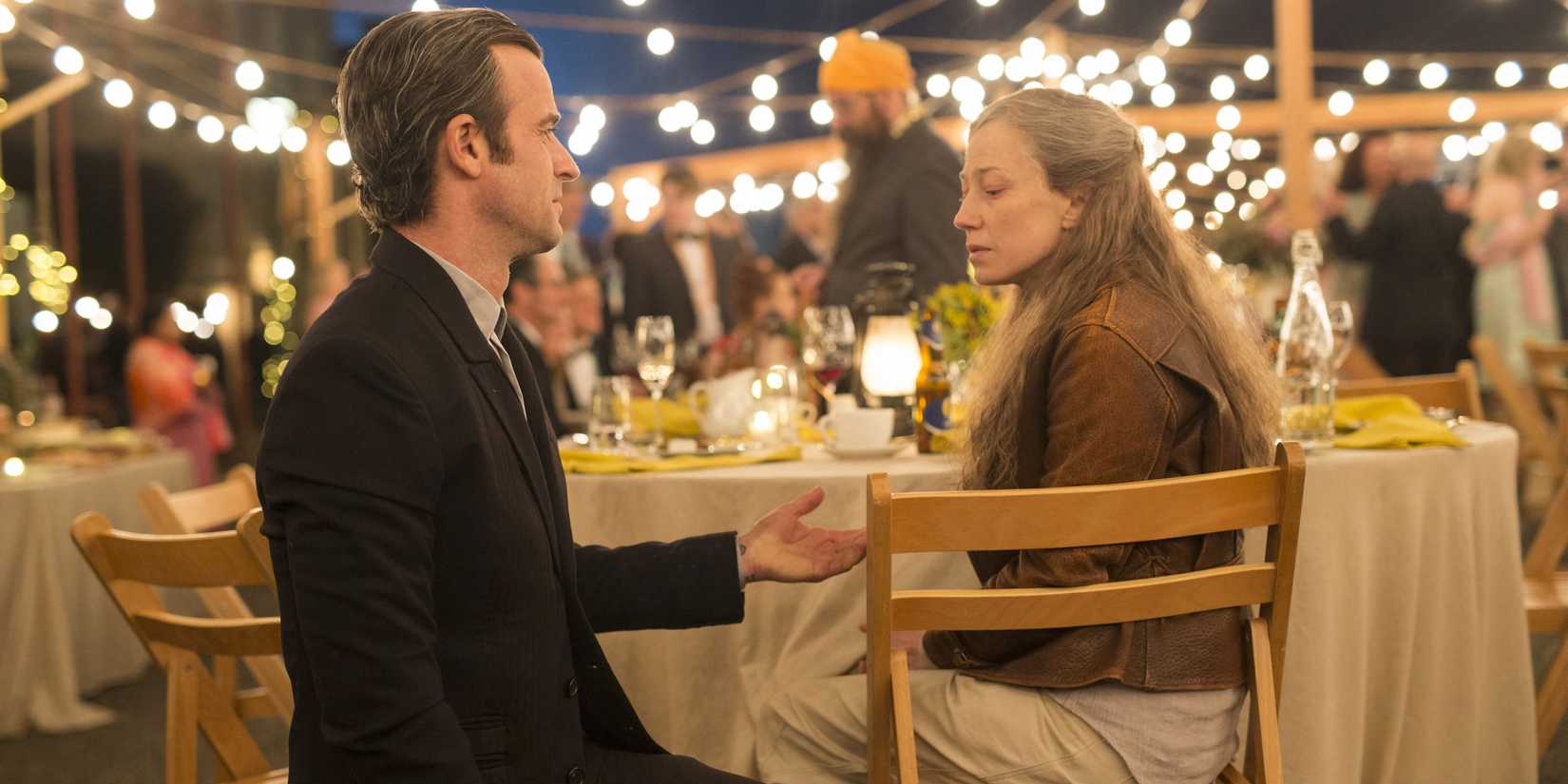 Kevin and Nora sitting together at a table on The Leftovers