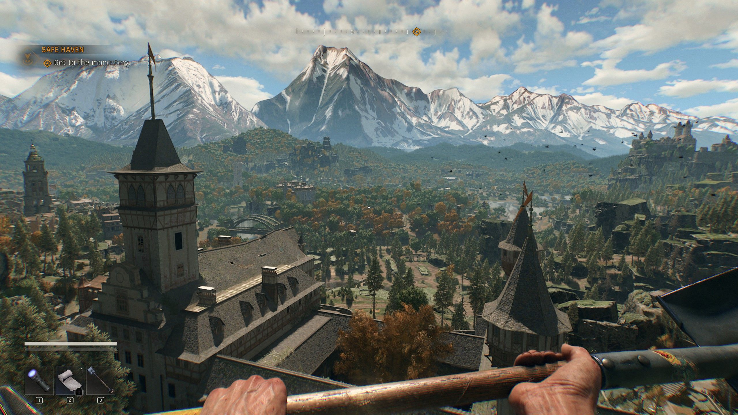Kyle osserva Old Town dalle montagne durante una giornata soleggiata in Dying Light: The Beast