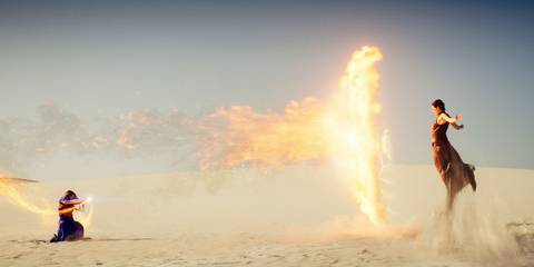 Lanfear risen in the air deflecting a channeling blow dealt by Moiraine, in a desert setting, in The Wheel of Time
