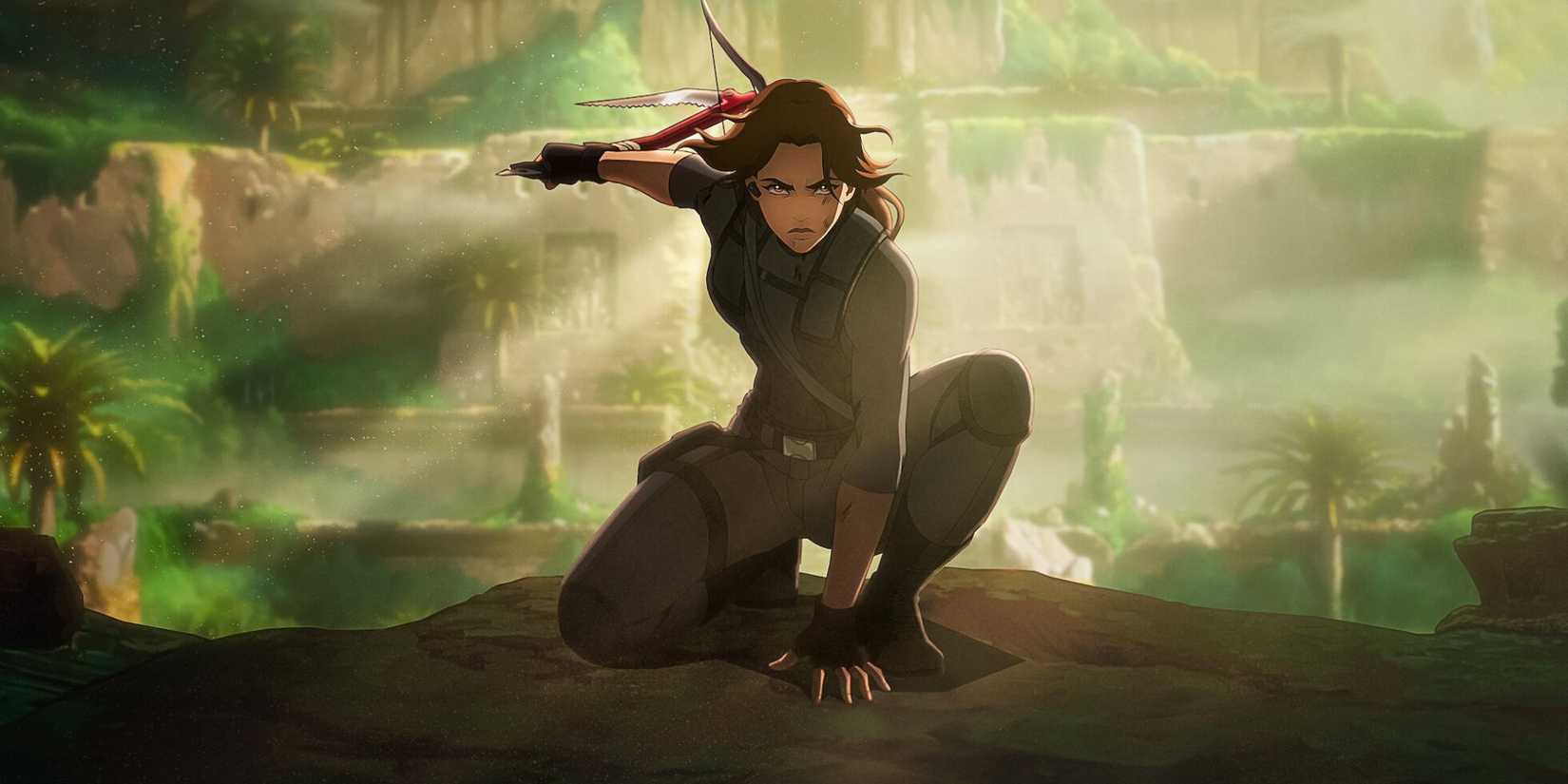 Lara Croft looking fierce in an active kneeling stance in Tomb Raider The Legend of Lara Croft
