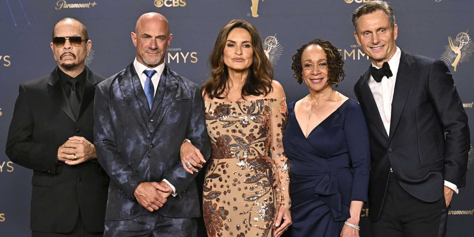 Law & Order franchise cast members Ice-T, Christopher Meloni, Mariska Hargitay, S. Epatha Merkeson, and Tony Goldwyn pose together at the 2025 Emmy Awards