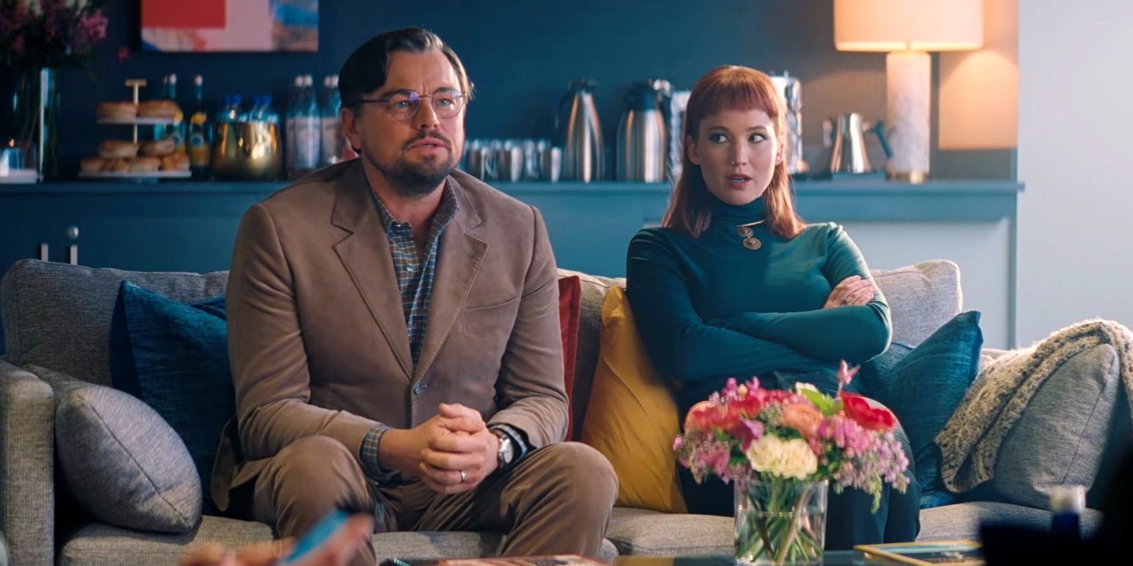 Leonardo DiCaprio e Jennifer Lawrence em Não Olhe Para Cima