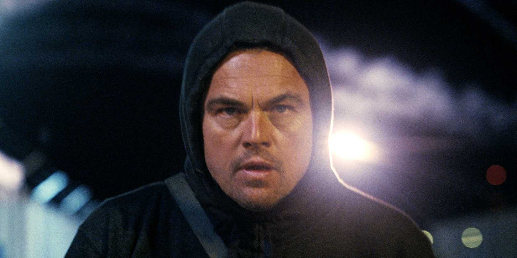 Leonardo DiCaprio with hood on in One Battle After Another